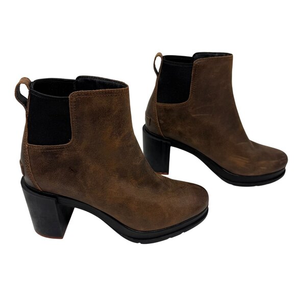 Sorel Brown Leather Chunky Block Heel Ankle Boots Womens Size 10 Blake Chelsea - Picture 1 of 9